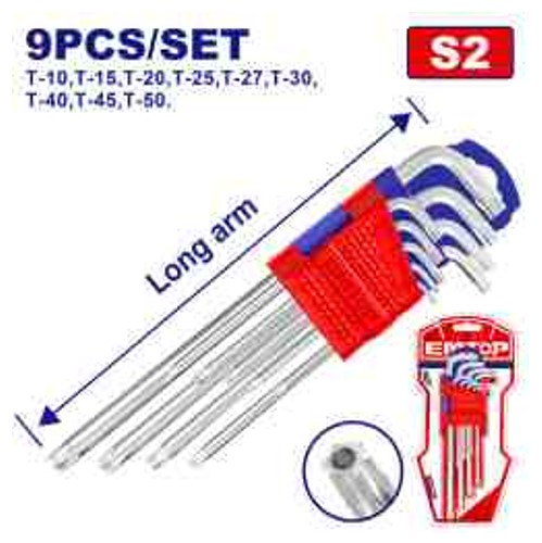 Torx Key Set 9pcs, Cr-V, Long Arm, Chrome Plate, T10-T50 Sizes